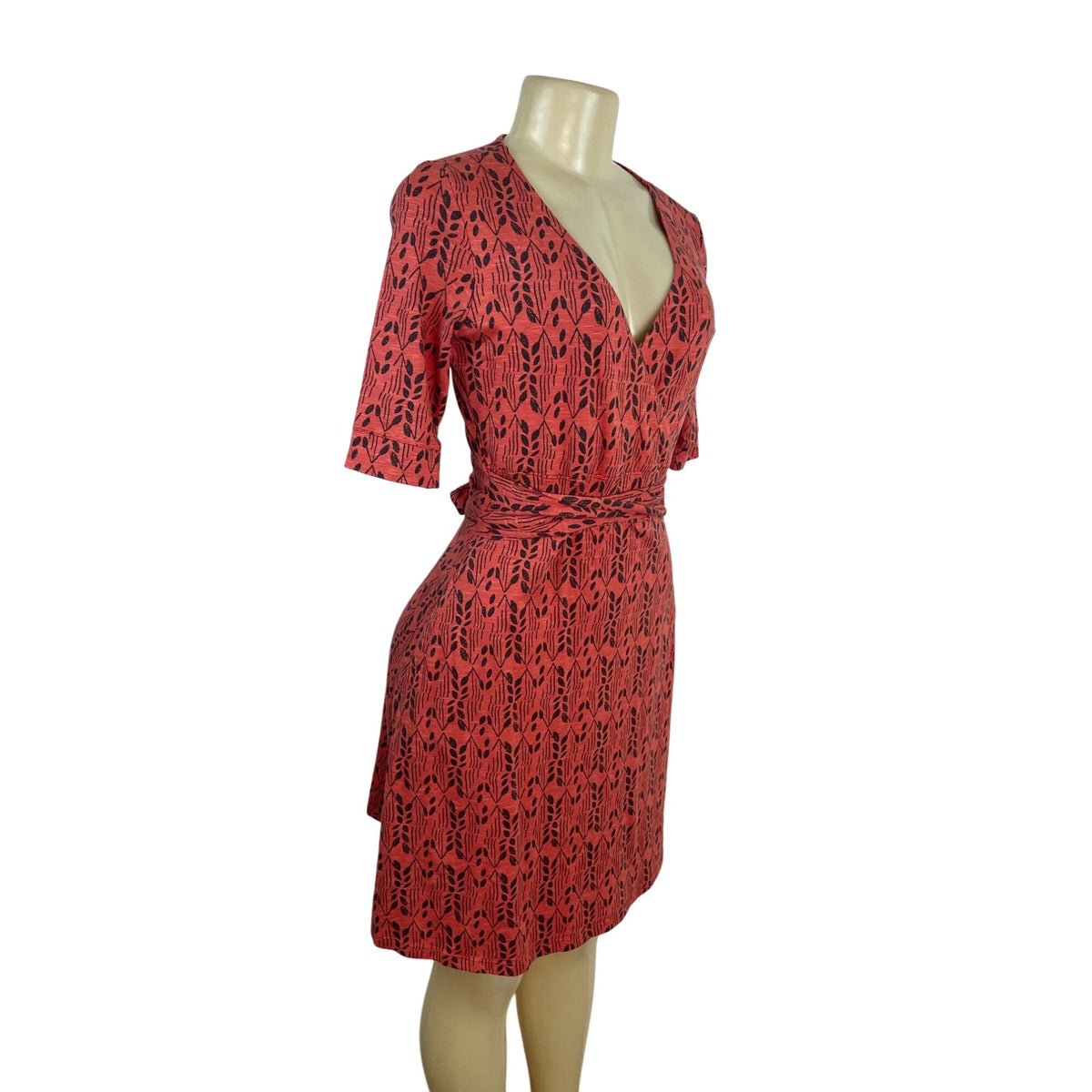 Toad & Co Red & Black Wrap Dress With Leaf Print V-Neckline Short Sleeves Sz XS