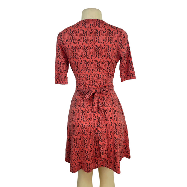 Toad & Co Red & Black Wrap Dress With Leaf Print V-Neckline Short Sleeves Sz XS