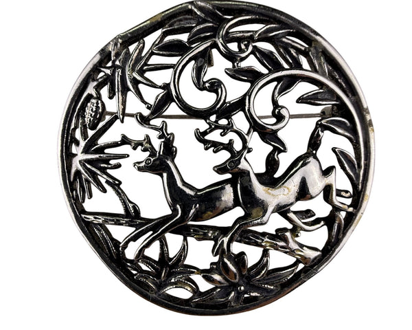 Vintage Sarah Coventry Silver Tone Reindeer Brooch Filigree Design Round Pin