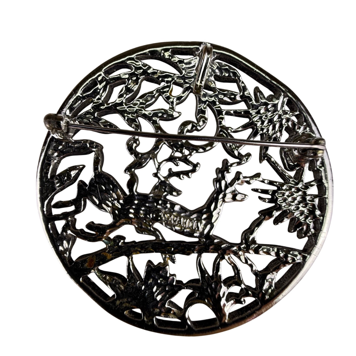 Vintage Sarah Coventry Silver Tone Reindeer Brooch Filigree Design Round Pin