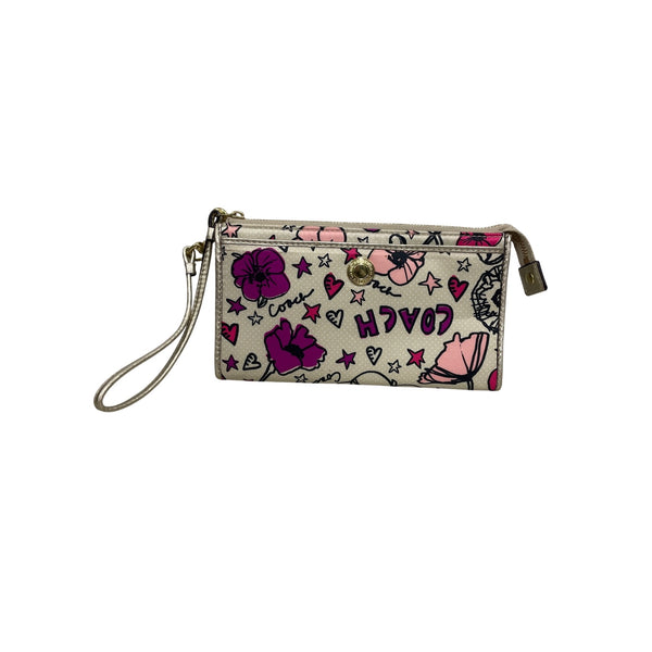 Coach Womens Cream Canvas Wristlet Multicolor Floral Print Gold-Tone Accents