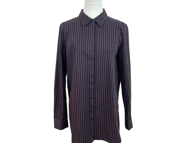 Lafayette 148 New York Women Navy & Orange Striped Button-Up Shirt Long Sleeve Size M