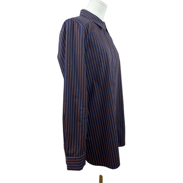 Lafayette 148 New York Women Navy & Orange Striped Button-Up Shirt Long Sleeve Size M