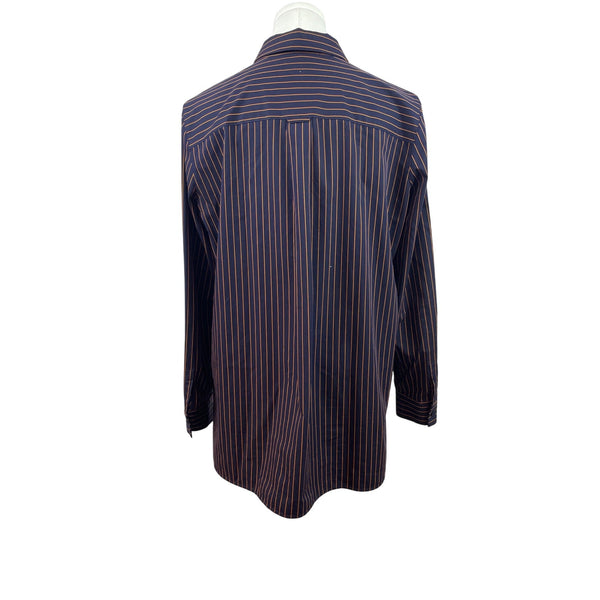 Lafayette 148 New York Women Navy & Orange Striped Button-Up Shirt Long Sleeve Size M