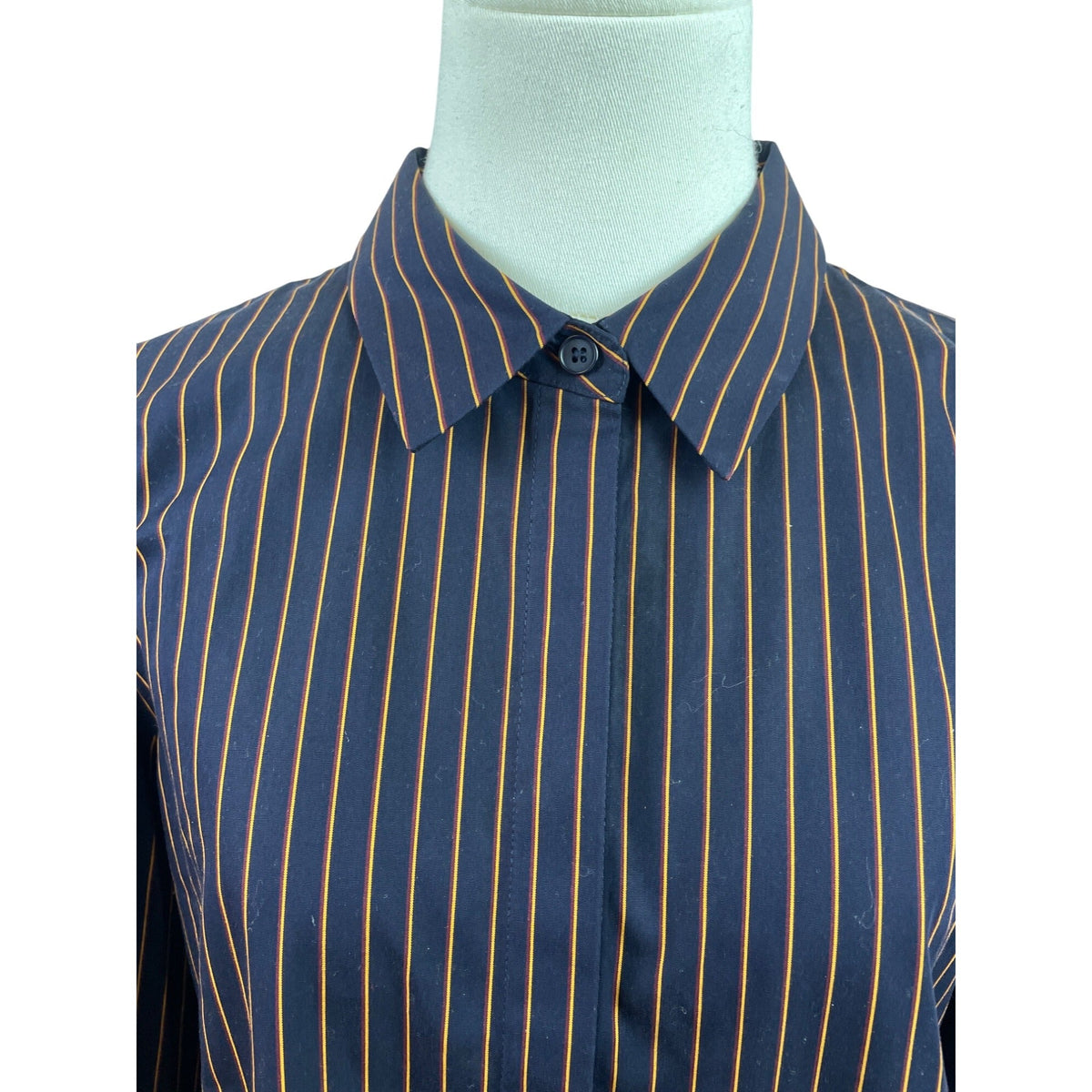 Lafayette 148 New York Women Navy & Orange Striped Button-Up Shirt Long Sleeve Size M