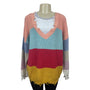 Blank Paige Distressed Colorblock Knit Sweater L V-Neck Long Sleeve Multicolor