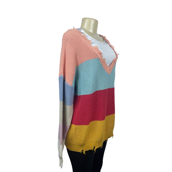 Blank Paige Distressed Colorblock Knit Sweater L V-Neck Long Sleeve Multicolor