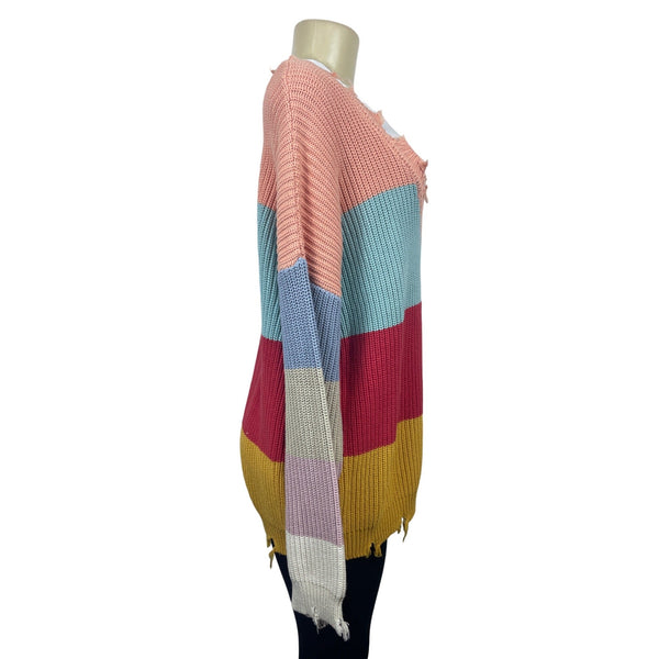 Blank Paige Distressed Colorblock Knit Sweater L V-Neck Long Sleeve Multicolor