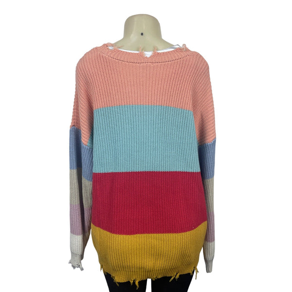 Blank Paige Distressed Colorblock Knit Sweater L V-Neck Long Sleeve Multicolor