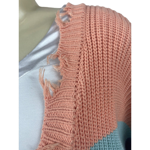 Blank Paige Distressed Colorblock Knit Sweater L V-Neck Long Sleeve Multicolor