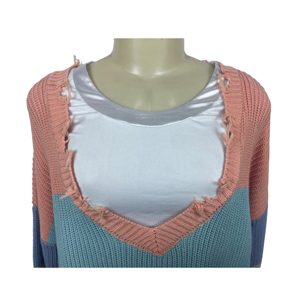 Blank Paige Distressed Colorblock Knit Sweater L V-Neck Long Sleeve Multicolor