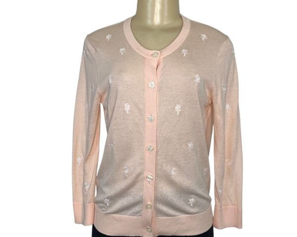 Loft Peach Cardigan White Embroidered Floral Design Button-Up Front Size S - New
