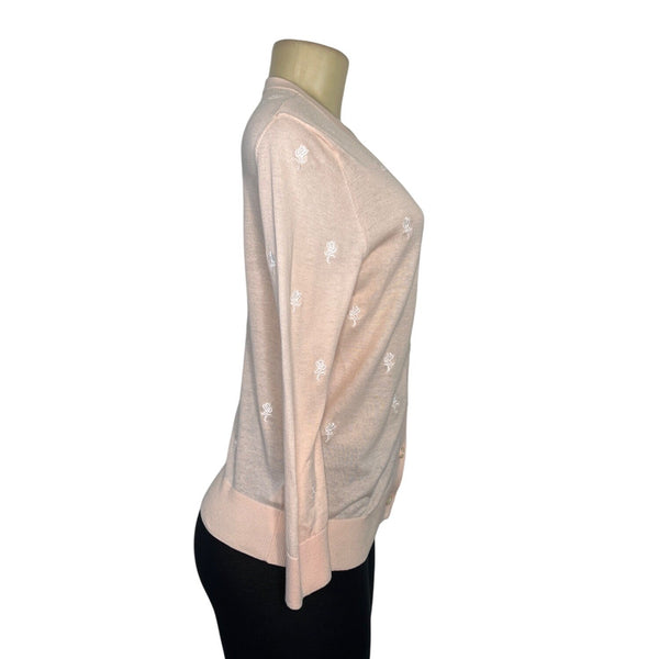 Loft Peach Cardigan White Embroidered Floral Design Button-Up Front Size S - New