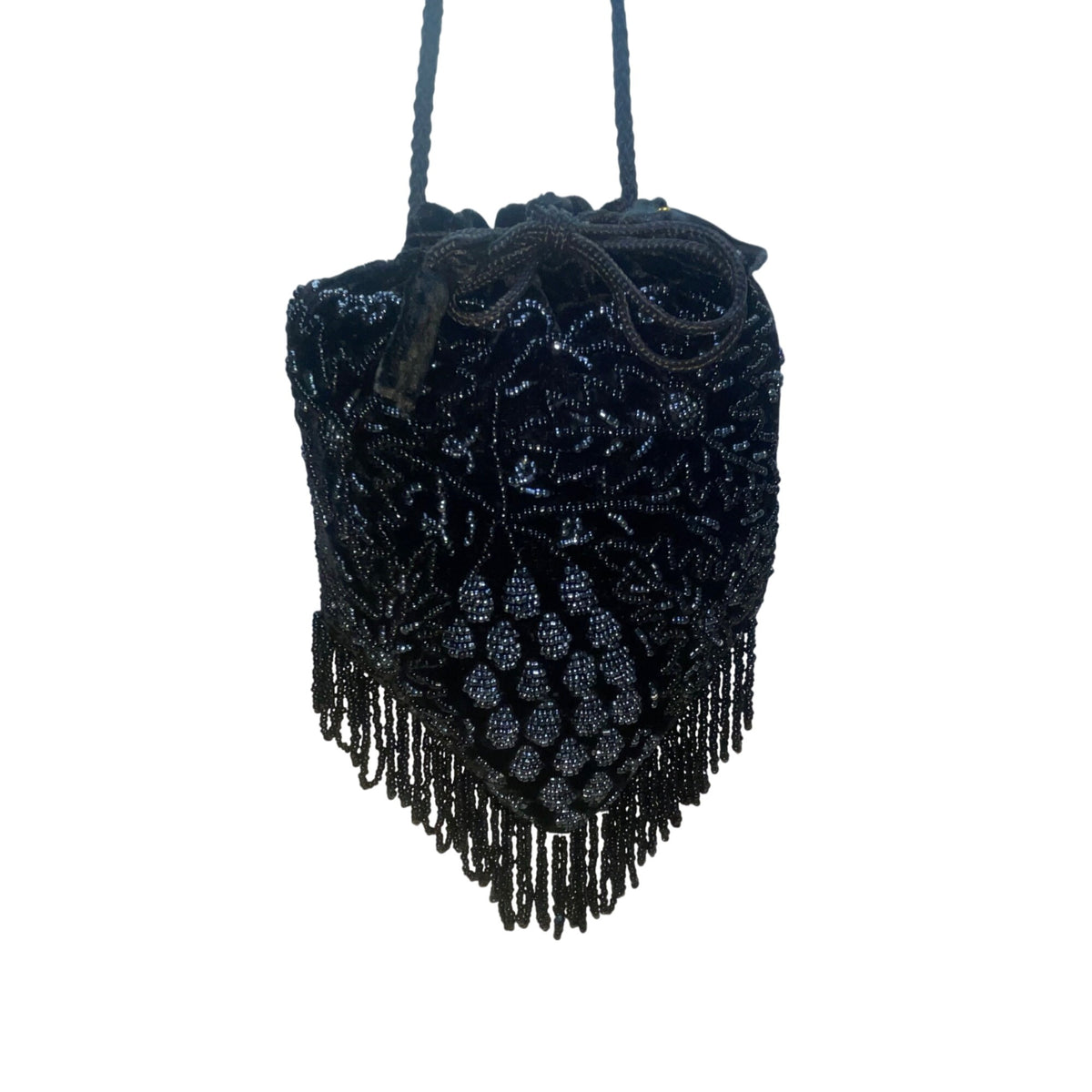 Victorian Style Black Velvet Beaded Evening Drawstring Pouch Bag With Fringe
