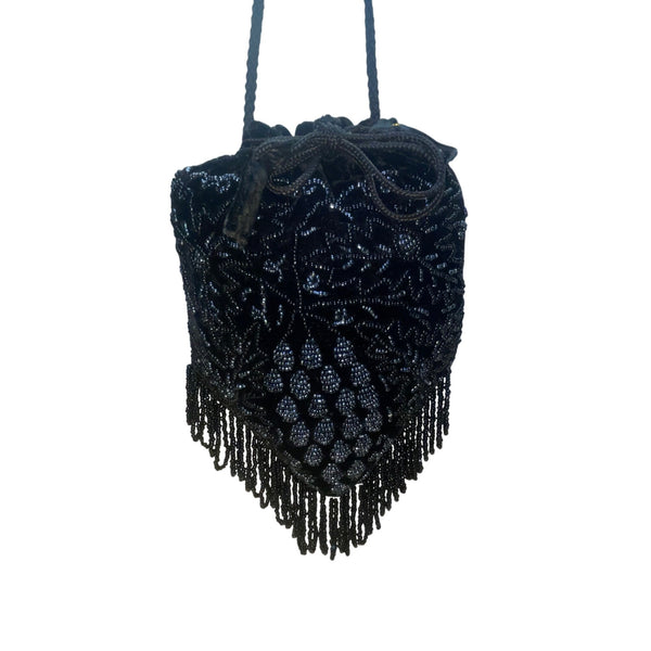 Victorian Style Black Velvet Beaded Evening Drawstring Pouch Bag With Fringe