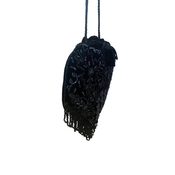 Victorian Style Black Velvet Beaded Evening Drawstring Pouch Bag With Fringe