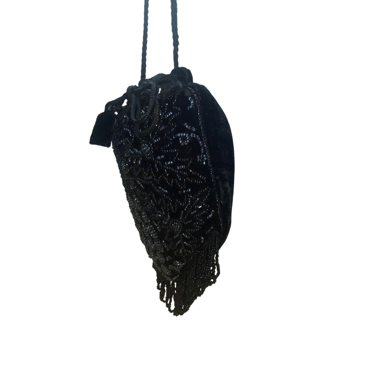 Victorian Style Black Velvet Beaded Evening Drawstring Pouch Bag With Fringe