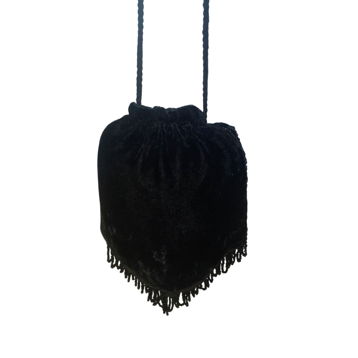 Victorian Style Black Velvet Beaded Evening Drawstring Pouch Bag With Fringe