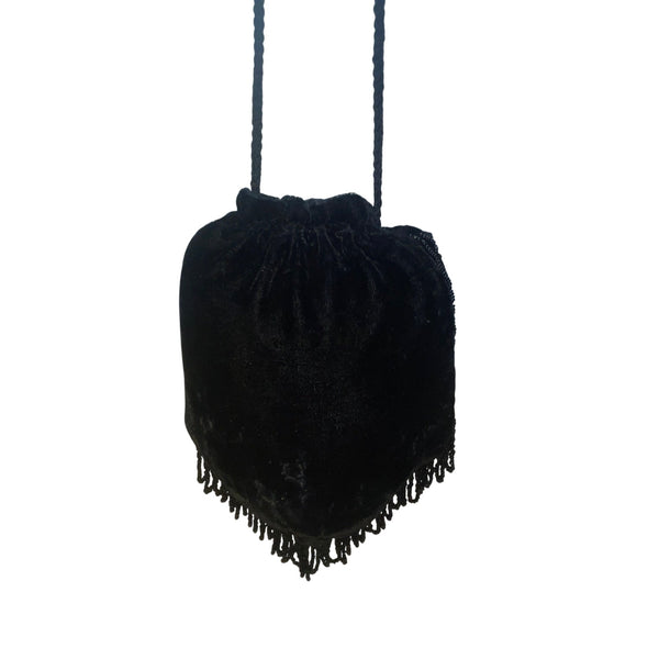 Victorian Style Black Velvet Beaded Evening Drawstring Pouch Bag With Fringe