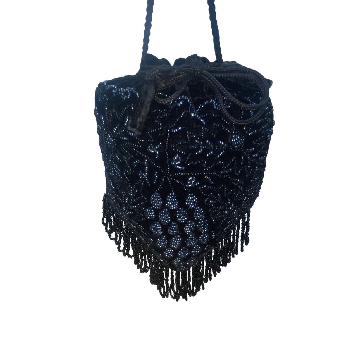 Victorian Style Black Velvet Beaded Evening Drawstring Pouch Bag With Fringe