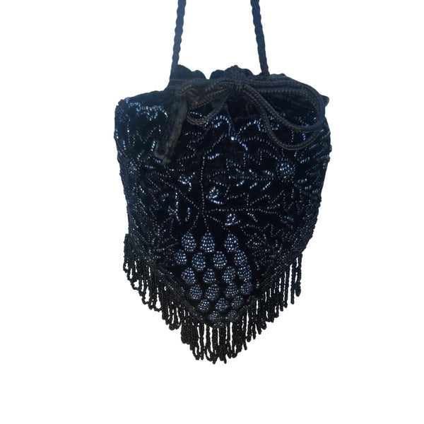 Victorian Style Black Velvet Beaded Evening Drawstring Pouch Bag With Fringe