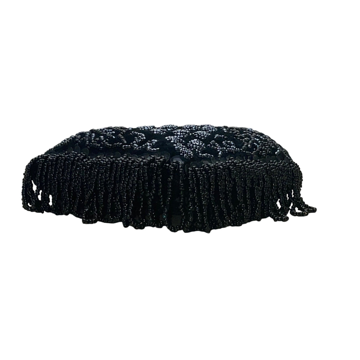 Victorian Style Black Velvet Beaded Evening Drawstring Pouch Bag With Fringe