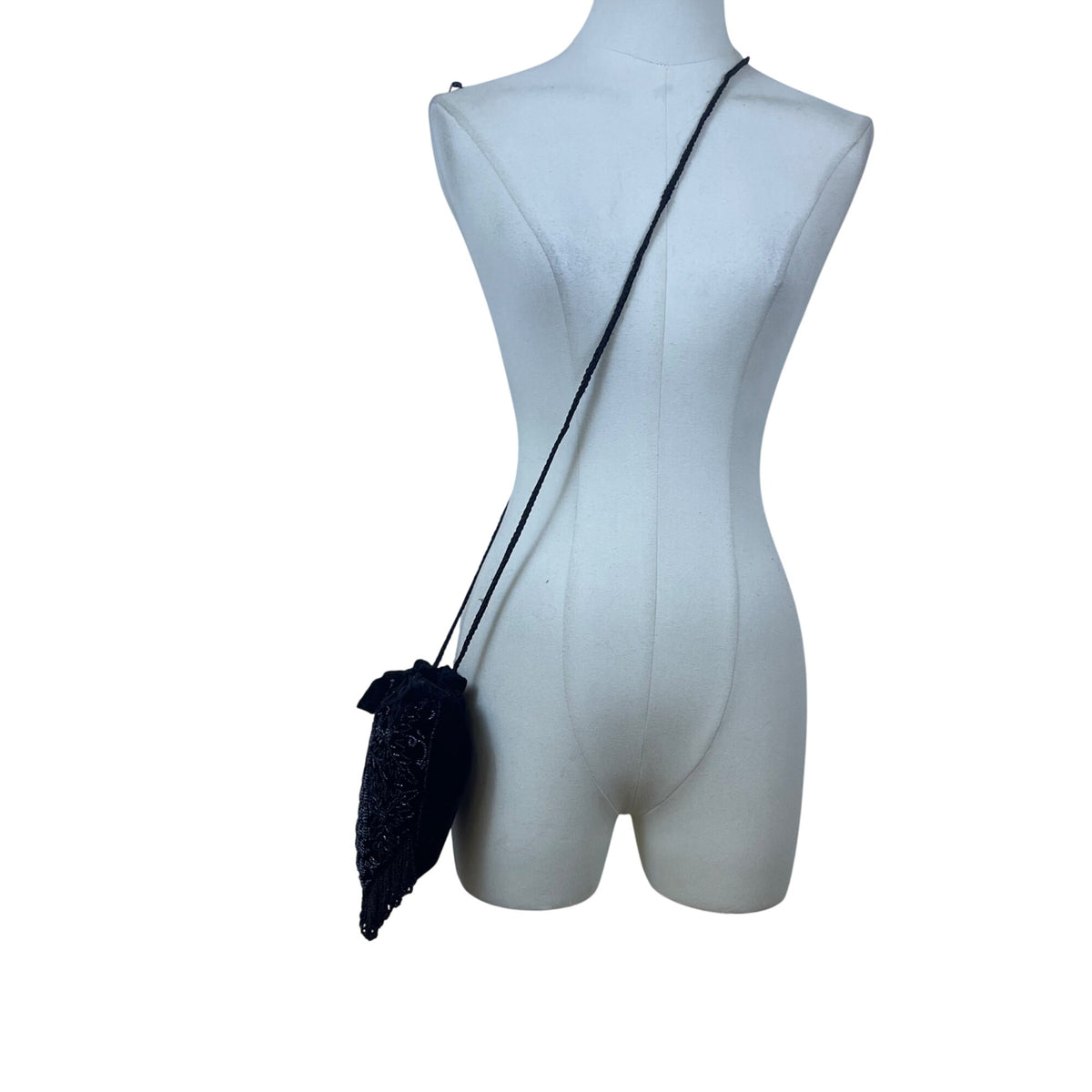 Victorian Style Black Velvet Beaded Evening Drawstring Pouch Bag With Fringe