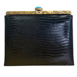 Vintage Meyers Black Faux Croc Embossed Leather & Rhinestoned Gold Frame Clutch