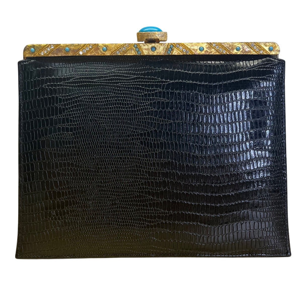 Vintage Meyers Black Faux Croc Embossed Leather & Rhinestoned Gold Frame Clutch