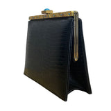 Vintage Meyers Black Faux Croc Embossed Leather & Rhinestoned Gold Frame Clutch