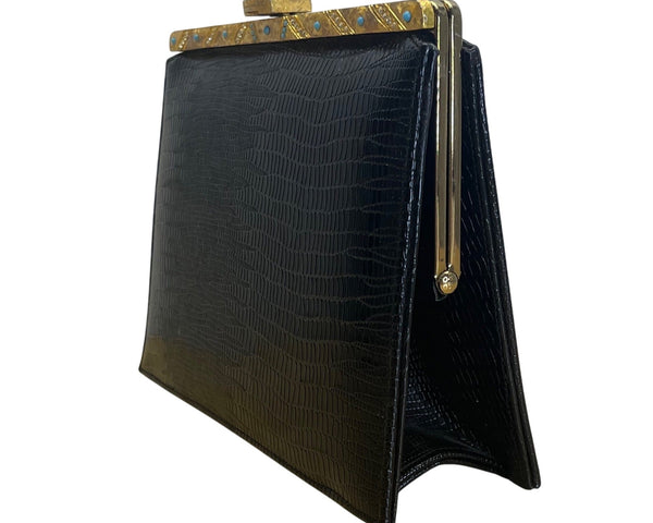 Vintage Meyers Black Faux Croc Embossed Leather & Rhinestoned Gold Frame Clutch