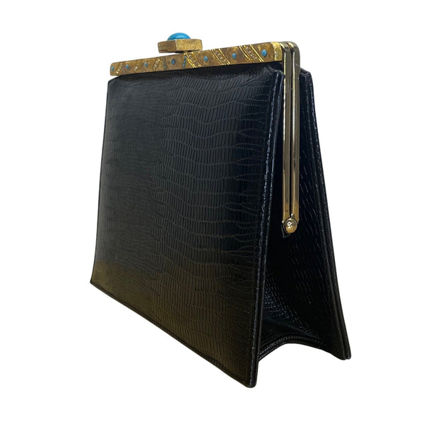 Vintage Meyers Black Faux Croc Embossed Leather & Rhinestoned Gold Frame Clutch