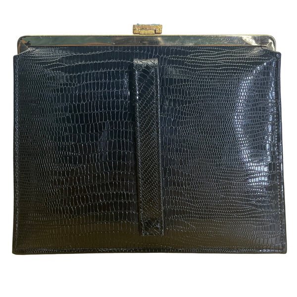 Vintage Meyers Black Faux Croc Embossed Leather & Rhinestoned Gold Frame Clutch