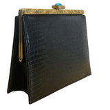 Vintage Meyers Black Faux Croc Embossed Leather & Rhinestoned Gold Frame Clutch