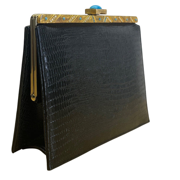 Vintage Meyers Black Faux Croc Embossed Leather & Rhinestoned Gold Frame Clutch