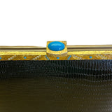 Vintage Meyers Black Faux Croc Embossed Leather & Rhinestoned Gold Frame Clutch