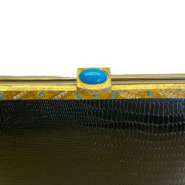 Vintage Meyers Black Faux Croc Embossed Leather & Rhinestoned Gold Frame Clutch