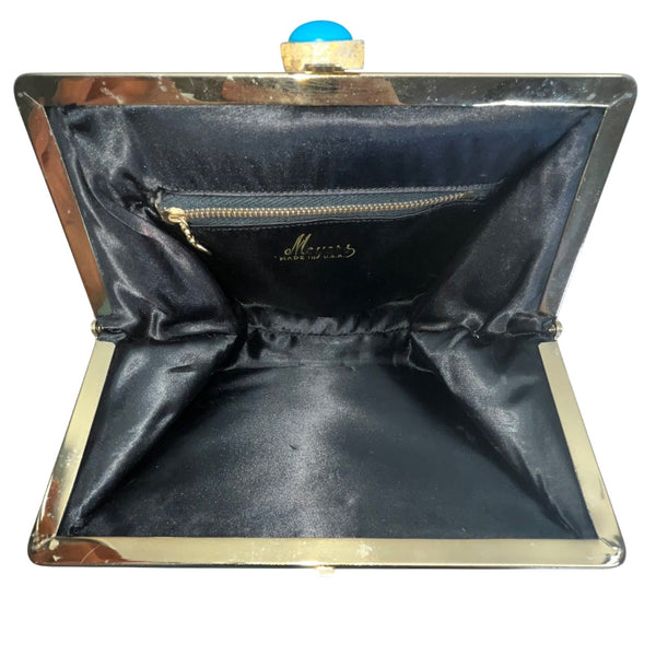 Vintage Meyers Black Faux Croc Embossed Leather & Rhinestoned Gold Frame Clutch