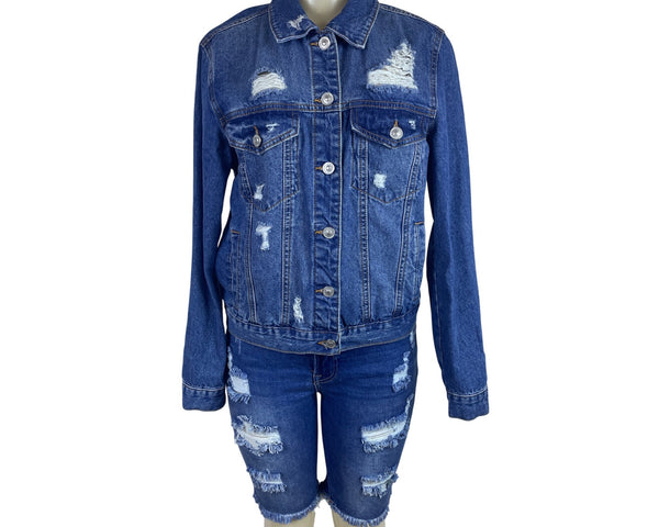 Wax Jean Women's Blue Distressed Denim Jacket & Bermuda Shorts Set Sz L
