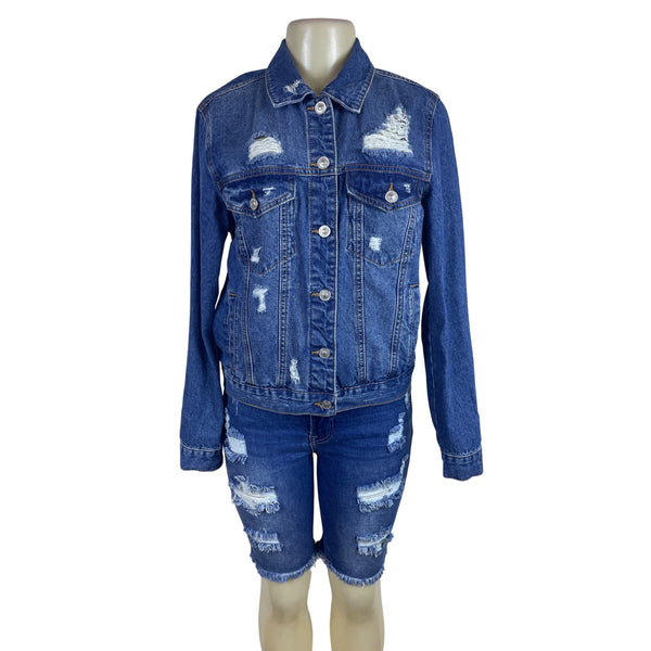 Wax Jean Women's Blue Distressed Denim Jacket & Bermuda Shorts Set Sz L