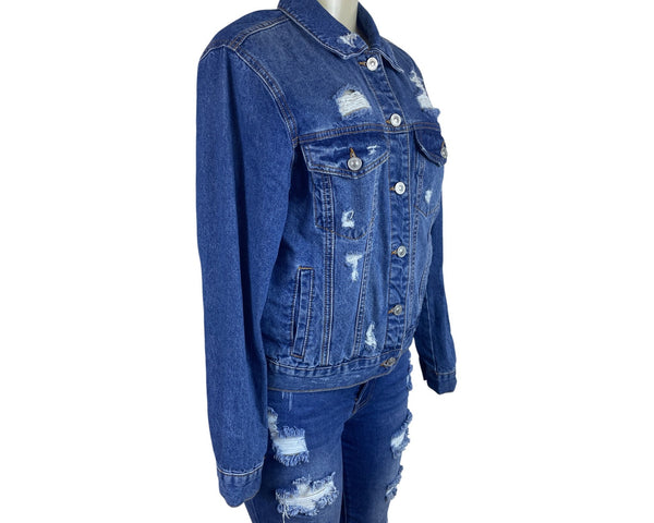 Wax Jean Women's Blue Distressed Denim Jacket & Bermuda Shorts Set Sz L