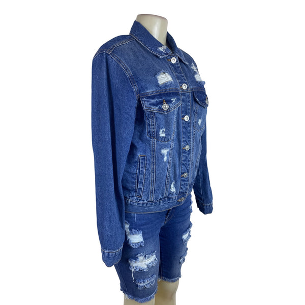 Wax Jean Women's Blue Distressed Denim Jacket & Bermuda Shorts Set Sz L
