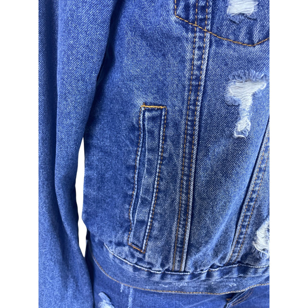 Wax Jean Women's Blue Distressed Denim Jacket & Bermuda Shorts Set Sz L