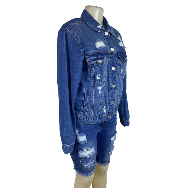 Wax Jean Women's Blue Distressed Denim Jacket & Bermuda Shorts Set Sz L