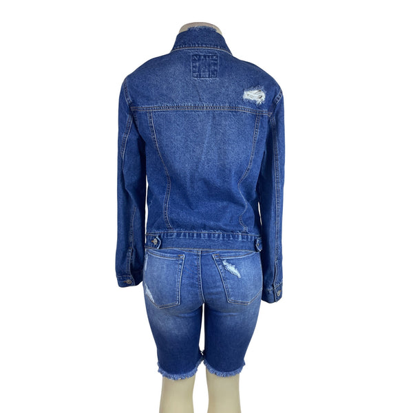 Wax Jean Women's Blue Distressed Denim Jacket & Bermuda Shorts Set Sz L