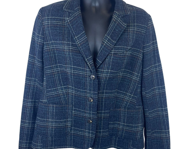 L.L.Beans Womens Navy Blue Wool Plaid Button-Up Blazer Jacket Size 12 Stylish Outerwear