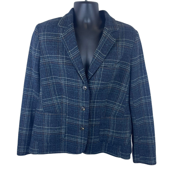 L.L.Beans Womens Navy Blue Wool Plaid Button-Up Blazer Jacket Size 12 Stylish Outerwear