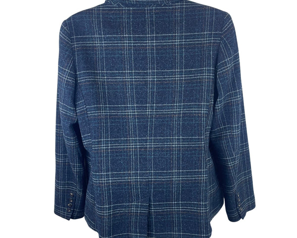 L.L.Beans Womens Navy Blue Wool Plaid Button-Up Blazer Jacket Size 12 Stylish Outerwear