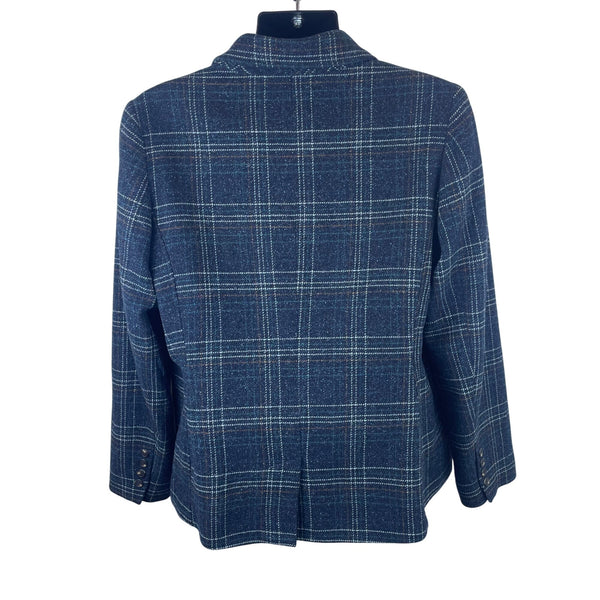 L.L.Beans Womens Navy Blue Wool Plaid Button-Up Blazer Jacket Size 12 Stylish Outerwear