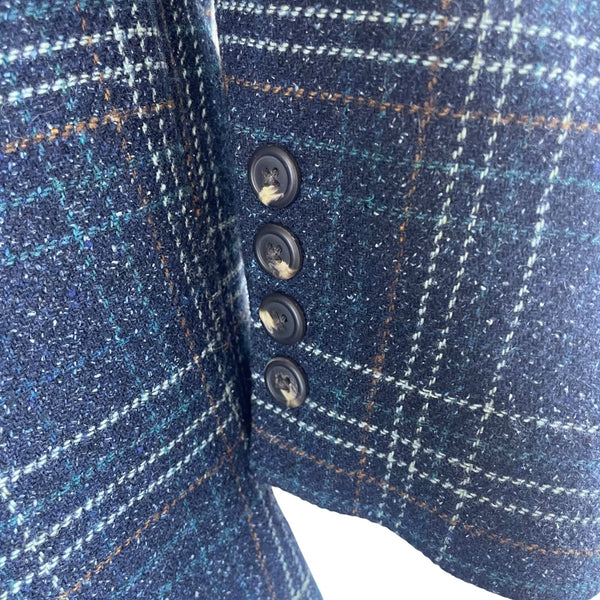 L.L.Beans Womens Navy Blue Wool Plaid Button-Up Blazer Jacket Size 12 Stylish Outerwear